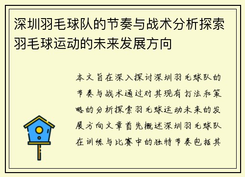 深圳羽毛球队的节奏与战术分析探索羽毛球运动的未来发展方向