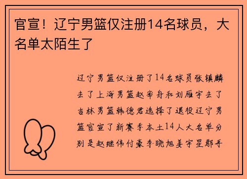 官宣！辽宁男篮仅注册14名球员，大名单太陌生了
